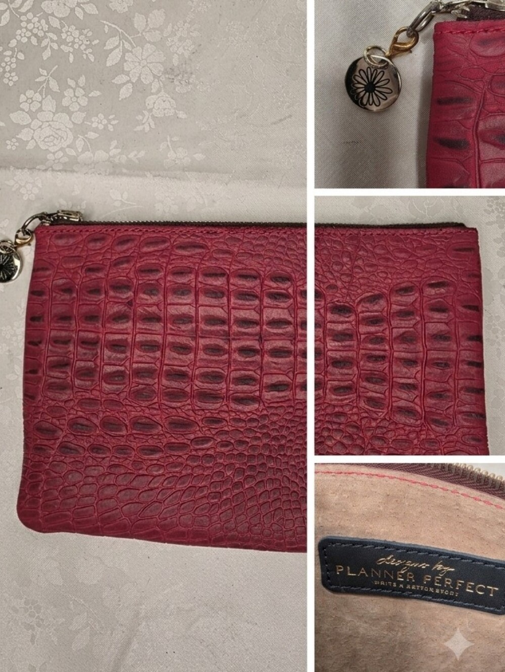 Planner Perfect Red Alligator Croc Embossed Leather Zippered Pouch Clutch